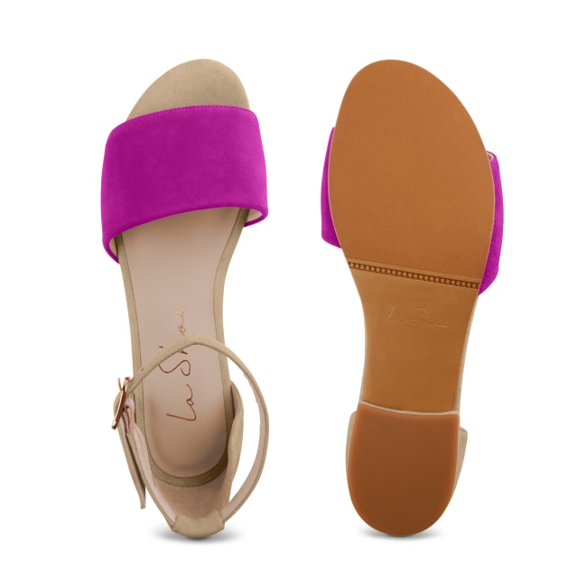 Flache Sandale Zweifarbig Beige/Magenta – modischer und bequemer Schuh für Hallux valgus und empfindliche Füße von LaShoe.de